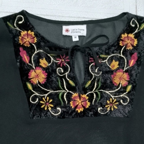 Sheer peasant top like new with embroidered velvet neck and cuffs