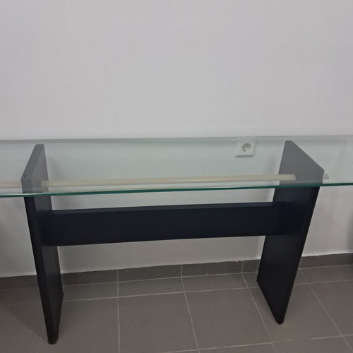 Glass table in two parts, wood and glass, black and beige