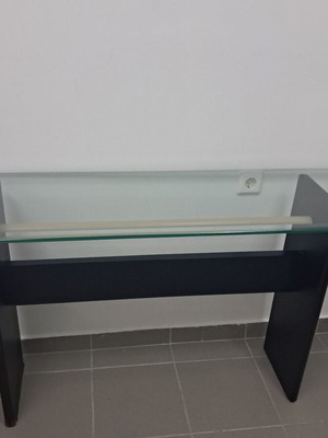 Glass table in two parts, wood and glass, black and beige