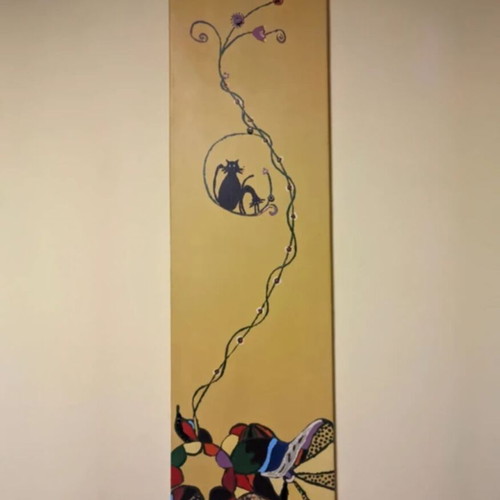 Handmade canvas painting 100x30cm Boho cat art mixed media like new