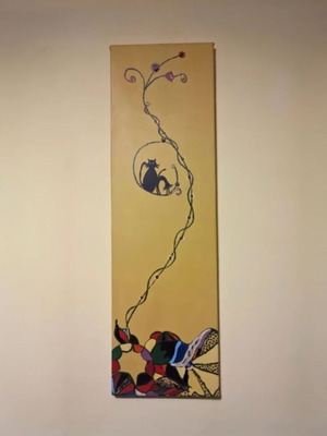Handmade canvas painting 100x30cm Boho cat art mixed media like new