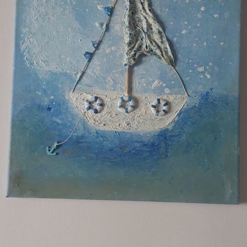 Handcrafted embossed painting with sailboat nautical theme used