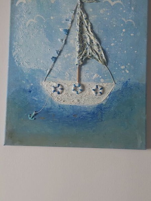 Handcrafted embossed painting with sailboat nautical theme used
