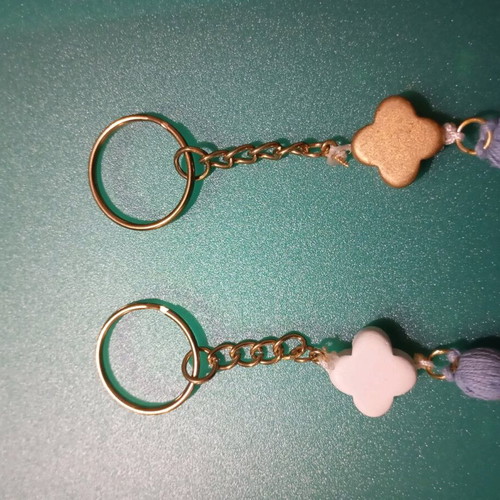 Set of 2 Keychains Light Blue Pom Pom, Wooden White and Gold Cross New, Handmade, for bag