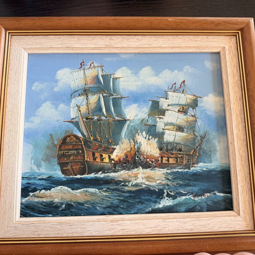 Vintage signed painting Vinno of sailing ships in stormy sea