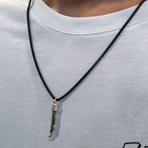 Handmade unisex terrarium necklace with canine tooth and black snake chain