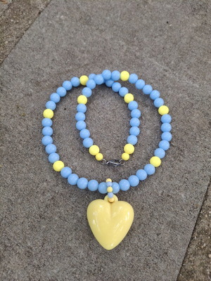 Necklace with Yellow Heart Handmade with Blue Beads and Stainless Steel Clasp