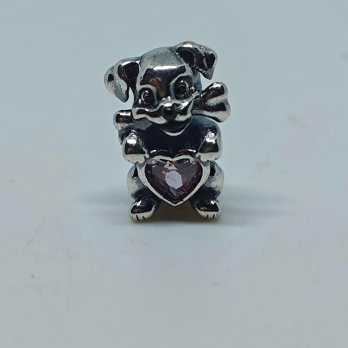 Silver Charm Dog with Pink Crystal Heart S925 like new