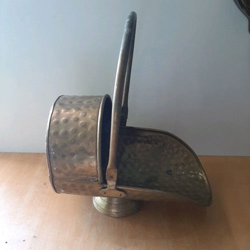 Copper coal scuttle used, hammered helmet style