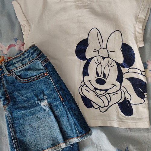 Minnie girl clothes set like new, denim skirt and blouse