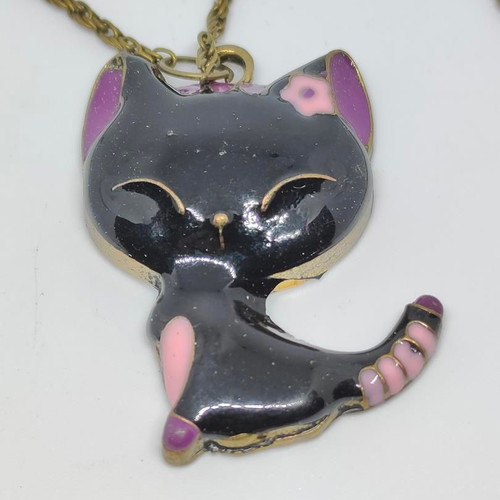 Black Cat Necklace with Enamel Details like new