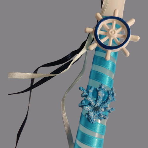 Easter candle with nautical ship wheel and bag