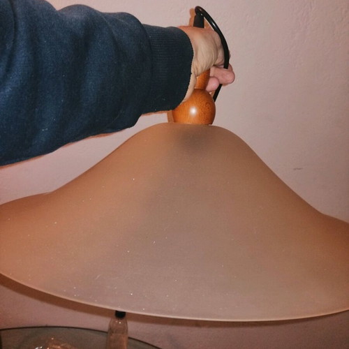 Ceiling light used, wood with soft peach glass