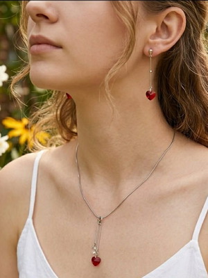 Romantic jewelry set silver tone with red heart and clear crystal, like new