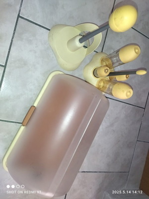 Kitchen set used with oil and vinegar, bread box, napkin holder, and paper stand