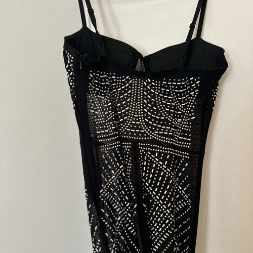 Maxi bodycon dress with straps and geometric strass designs, like new, black