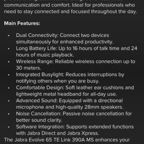 Jabra Evolve 65 TE Link 390A MS headphones like new, hybrid connection