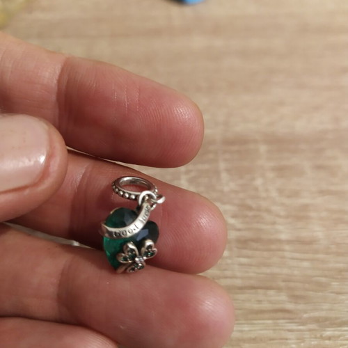 Pandora 925 silver bracelet with 2 charms, green heart and glowing dog