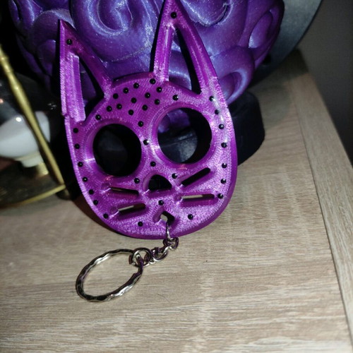 Handmade 3D Printed Cat Keychain with Rhinestones and Resin Coating like New, Purple