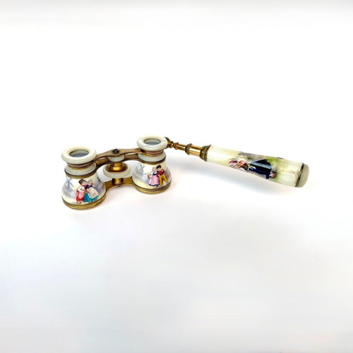 Porcelain brass mother of pearl opera glasses used antique French c.1850-1900