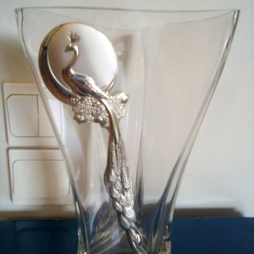 Crystal vase and coup set with silver decoration, new