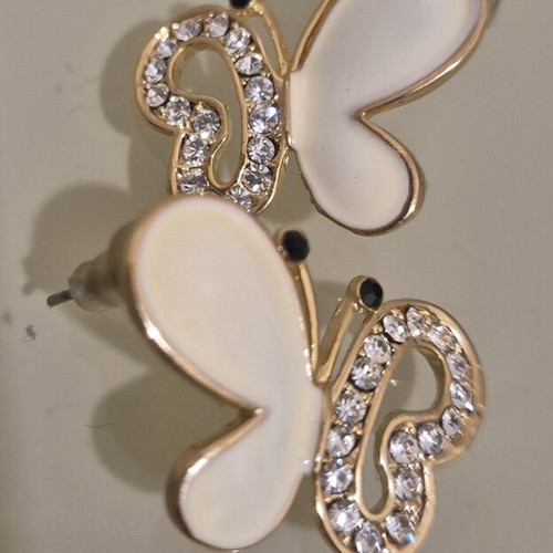 Butterfly stud earrings with white enamel and rhinestones