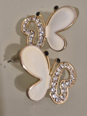 Butterfly stud earrings with white enamel and rhinestones