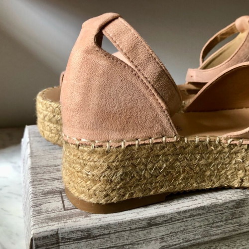 Pink suede platform espadrilles used with elastic ankle strap, size 39