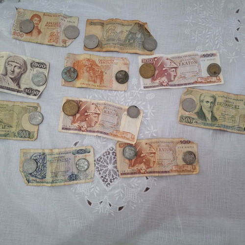 Greek drachma banknotes used, collection of 10 authentic notes