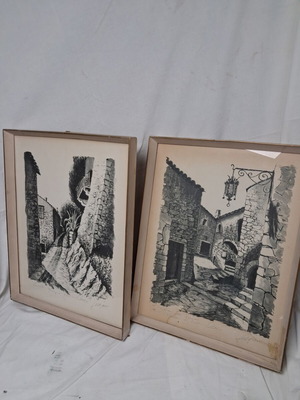 Pair of signed lithographs Èze Village used, framed