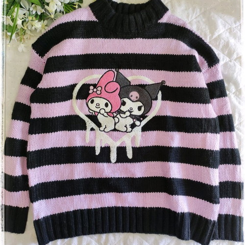 Hello Kitty Sanrio Pullover with Kuromi & My Melody used, striped, size S