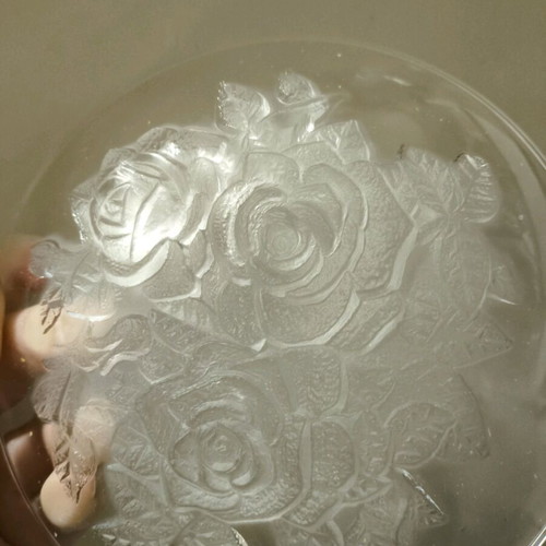Set of 6 glass plates new with carved rose design