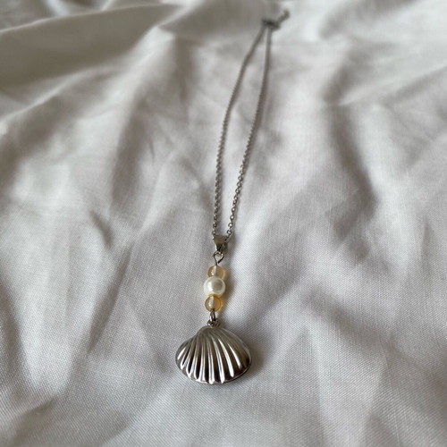 Handmade stainless steel necklace agate peacock custom order, beige and silver