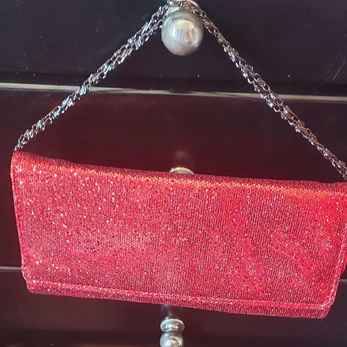 Red evening clutch bag new with glitter and metal chain shoulder strap