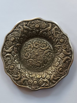 Silver-plated ashtray used, cast brass with decorative peacocks
