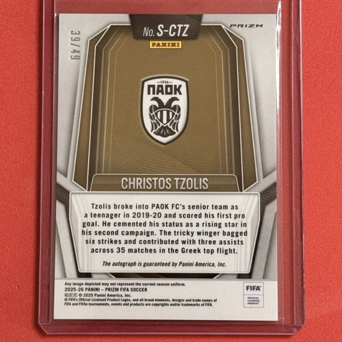 Panini 2025-26 Prizm FIFA Soccer Christos Tzolis /49 Orange Auto PAOK autograph card