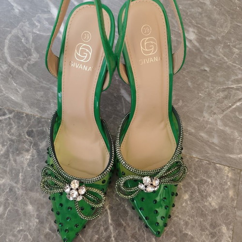 Sling back heels used, green, 10cm heel, size 39