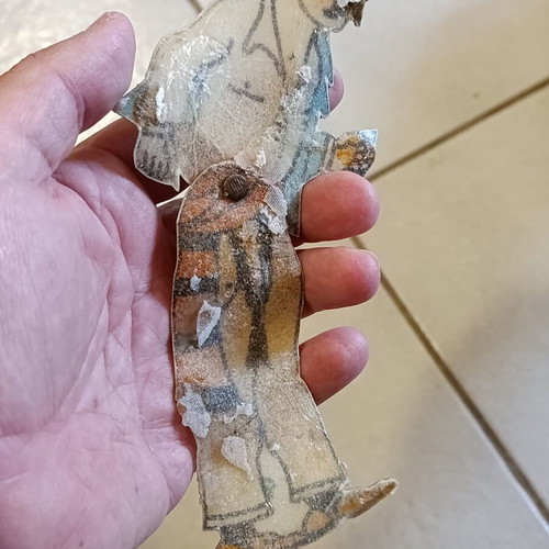 Leather handmade Mitsaras figure used, height 19 cm