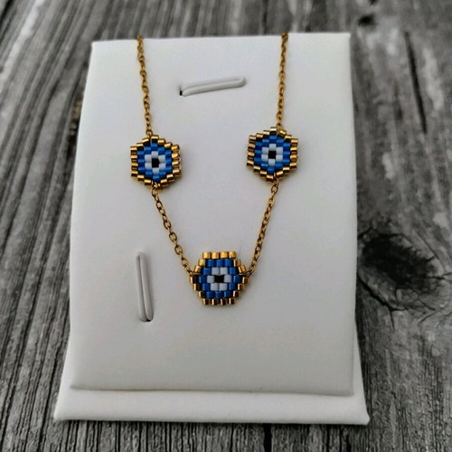 Steel necklace three evil eyes miyuki made to order, blue and gold