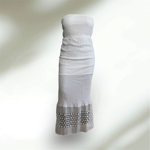 Maxi dress used, textured bodice with patterned lace hem, white, size M