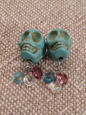Skull Earrings turquoise used, petrol color, 3 cm length