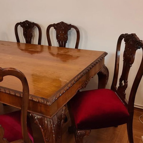 Antique wooden dining set with 6 chairs and buffet used