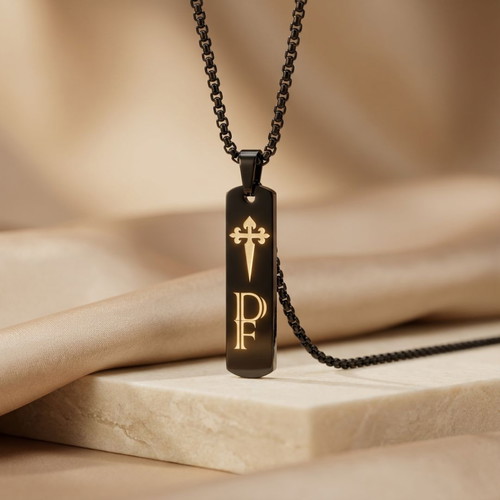 Necklace with Personalized Engraving in Black Stainless Steel New