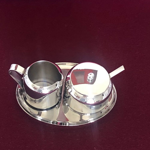 Iris sugar bowl and milk jug set like new with tray and spoon