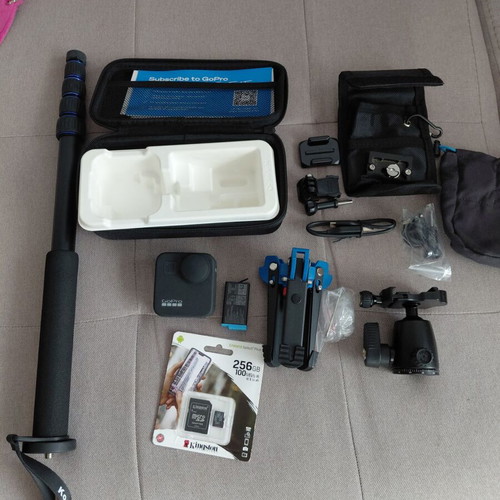 GoPro Max camera with accessories, memory card, battery, case