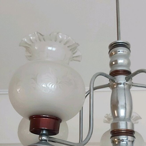 Φωτιστικό οροφής vintage 70s 5φωτο με inox σκελετό και ξύλινα στοιχεία