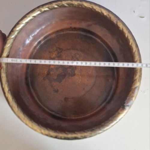 Vintage large copper planter pot with brass details, used