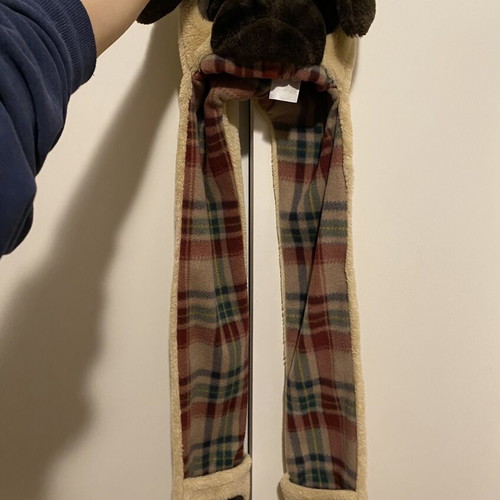 Claire’s Kids plush pug beanie with hooded scarf and hand warmer