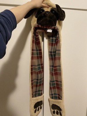 Claire’s Kids plush pug beanie with hooded scarf and hand warmer