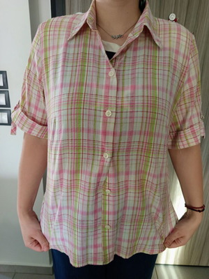 Trentana women's short-sleeve plaid shirt used, size L/XL, pink and green
